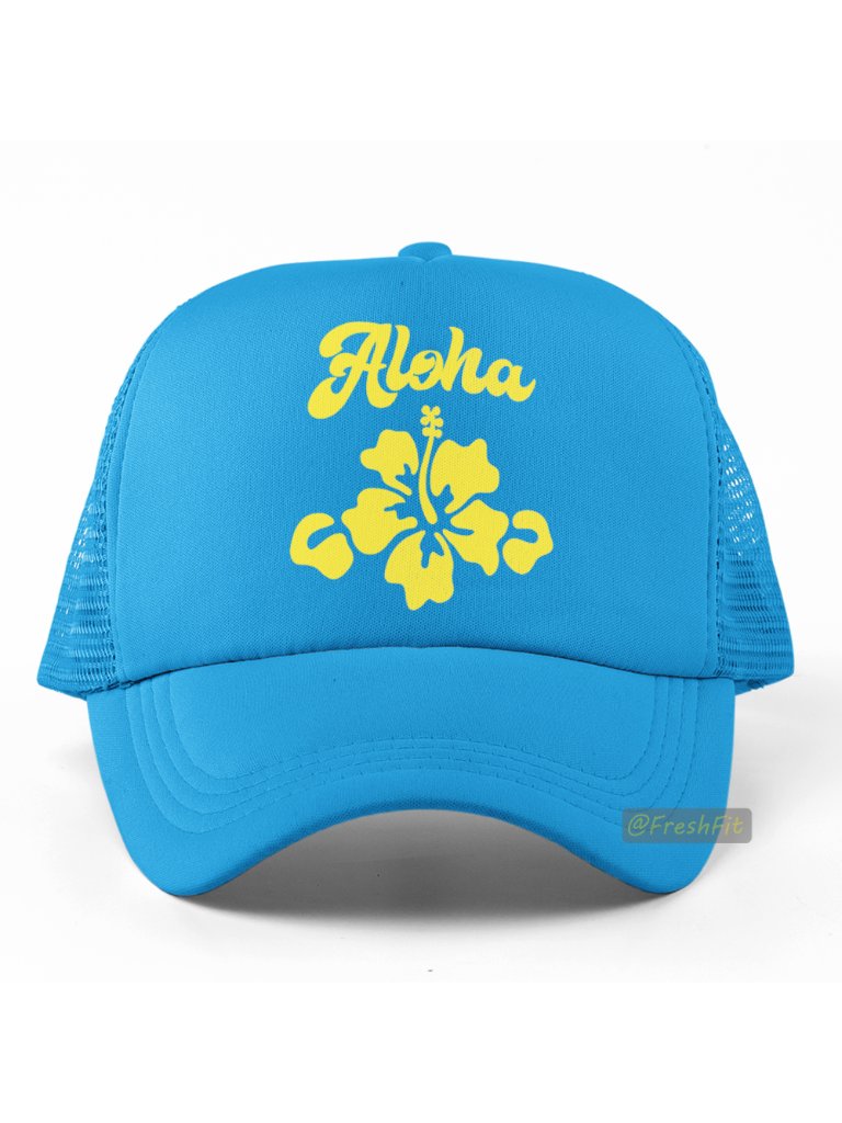 Aloha Hibiscus Neon Blue Foam Trucker Hat Mesh Snapback Cap